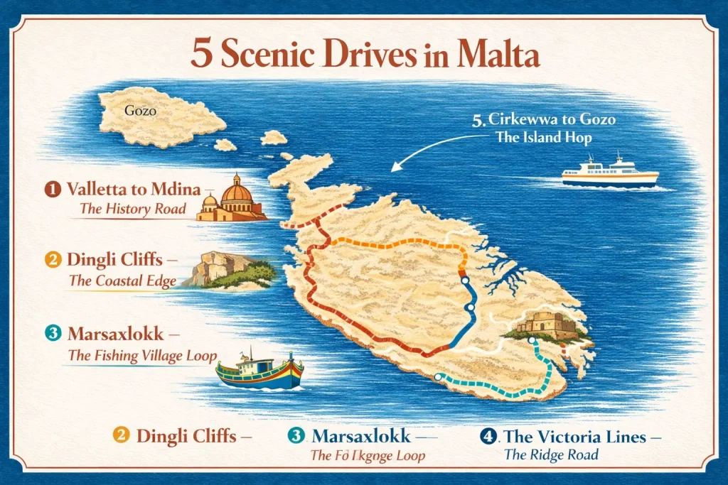 Map showing the best scenic driving routes in Malta including Valletta to Mdina, Dingli Cliffs and Marsaxlokk.