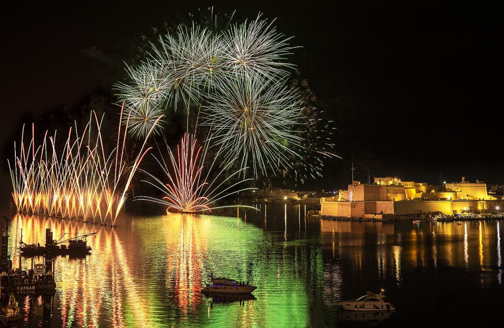 Malta International Fireworks Festival over the Grand Harbour at night