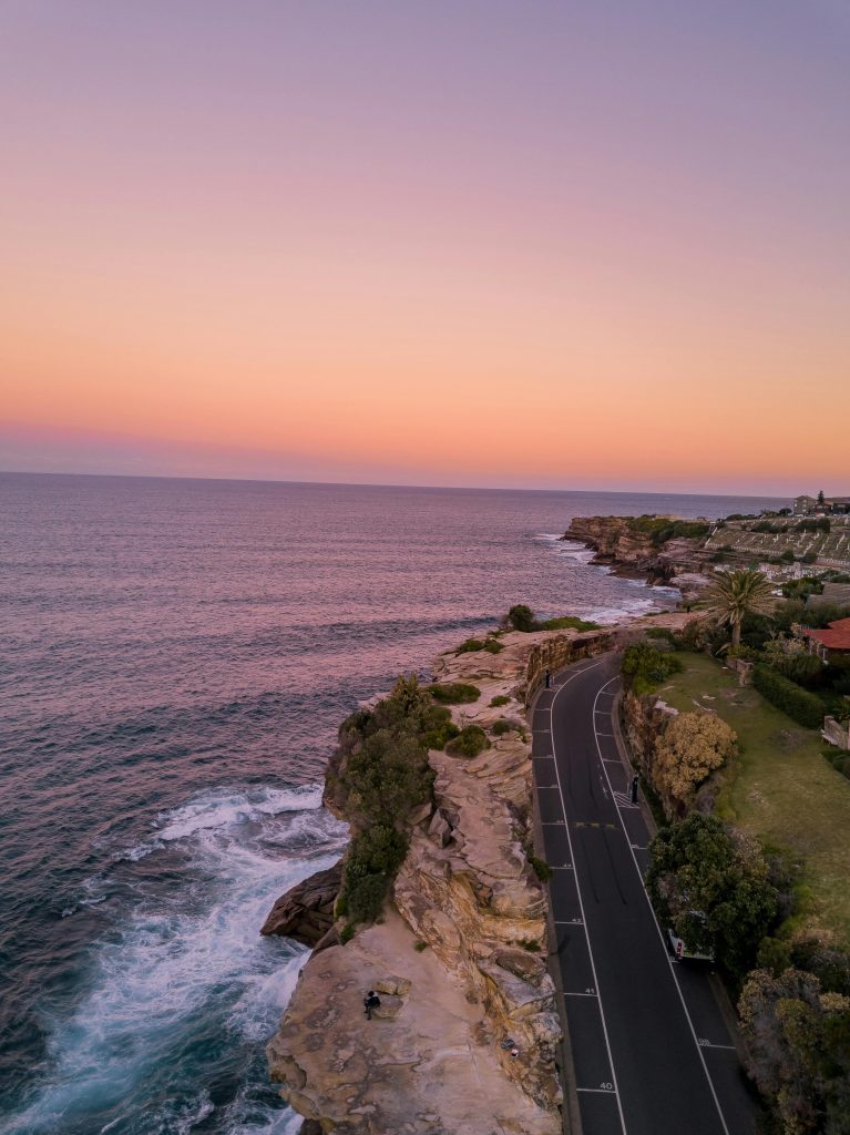 Coastal road along the cliff tops south of Sydney at sunset, New South Wales, Australia