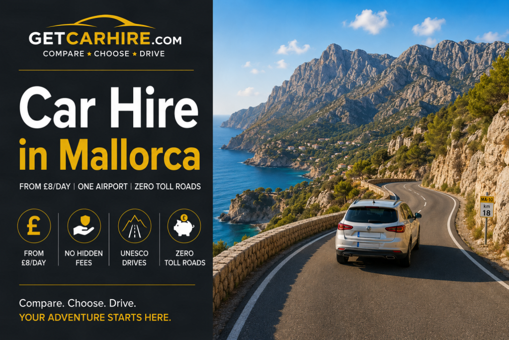 Car hire in Mallorca from £7 a day - branded guide graphic with Serra de Tramuntana coastal mountain road and Mediterranean Sea