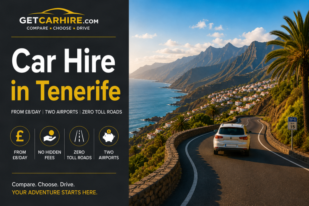 Car hire in Tenerife from £8 a day - coastal mountain road on the north coast with the Anaga mountains behind and the Atlantic below.