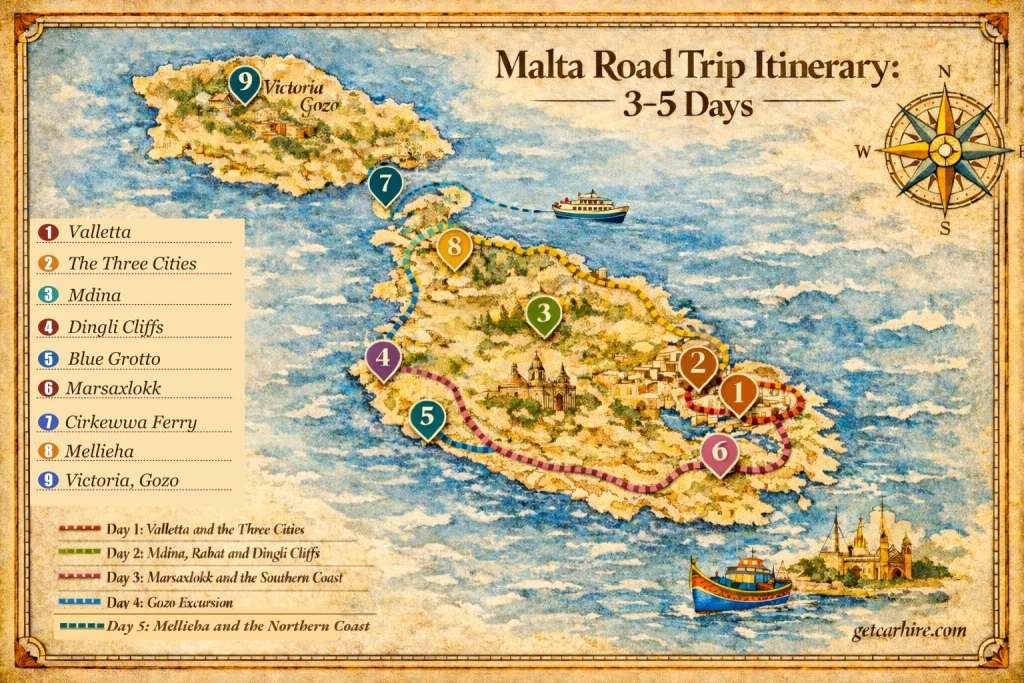 Malta road trip itinerary map 3 to 5 days driving routes Malta and Gozo