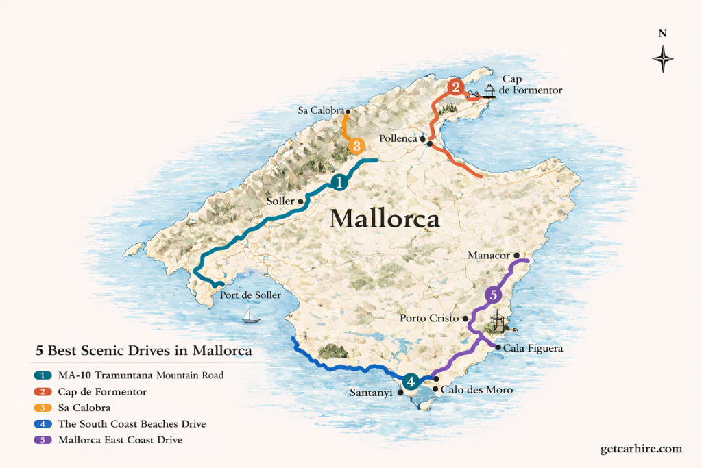 5 best scenic drives in Mallorca - route map showing the Tramuntana road, Cap de Formentor, Sa Calobra, south coast and east coast drives