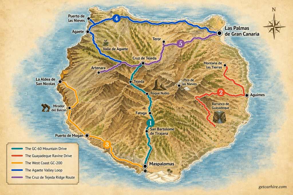 5 best scenic drives in Gran Canaria - route map showing all five drives colour-coded across the island.