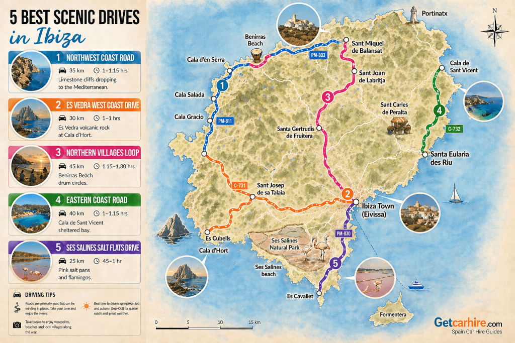 5 best scenic drives in Ibiza - route map showing all five drives colour-coded across the island.