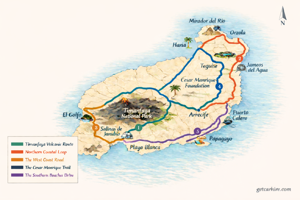 5 best scenic drives in Lanzarote - route map showing all five drives colour-coded across the island.