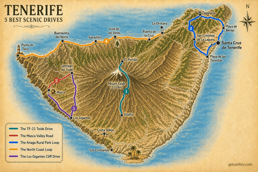 5 best scenic drives in Tenerife - route map showing all five drives colour-coded across the island.
