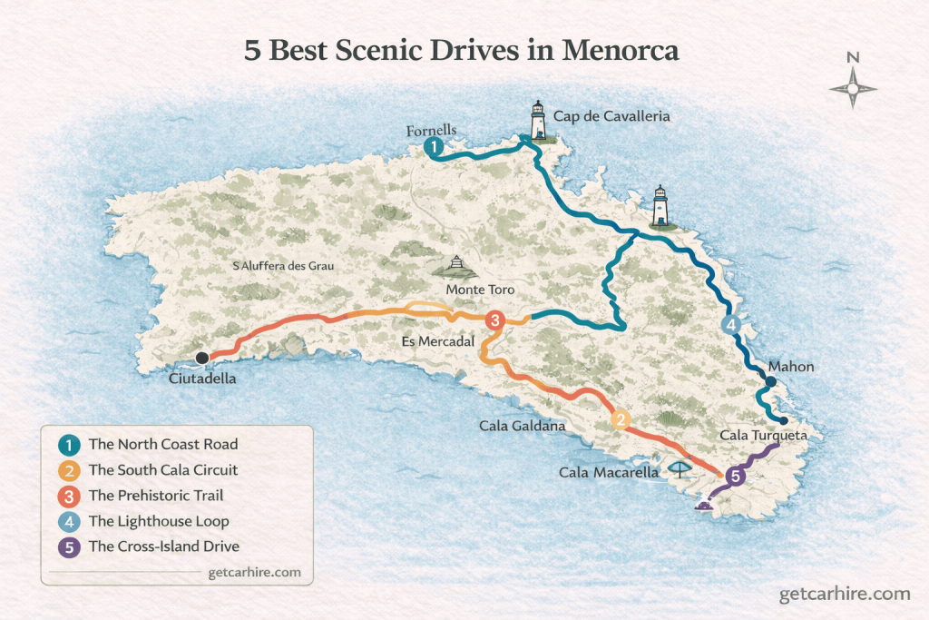 5 best scenic drives in Menorca - route map showing all five drives colour-coded across the island