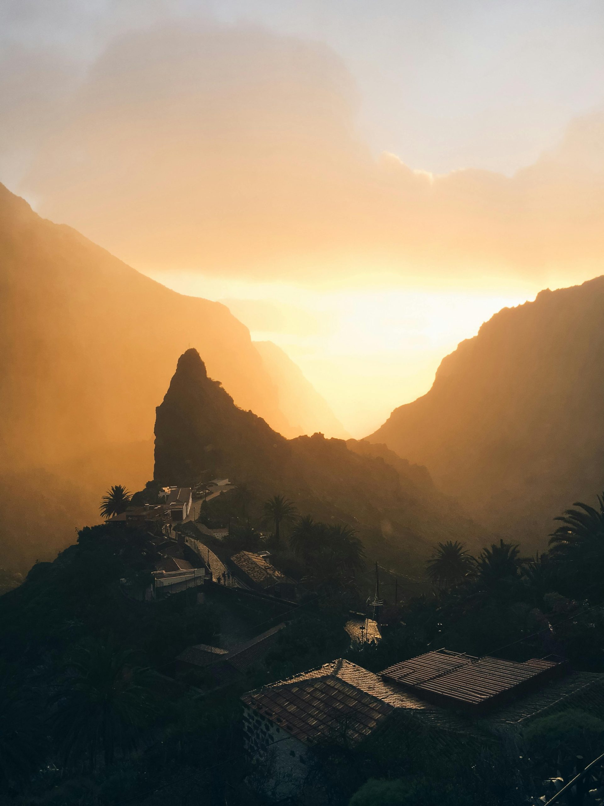 Drive 2 Masca valley road TF-436 Tenerife - Masca village between the volcanic cliff walls.