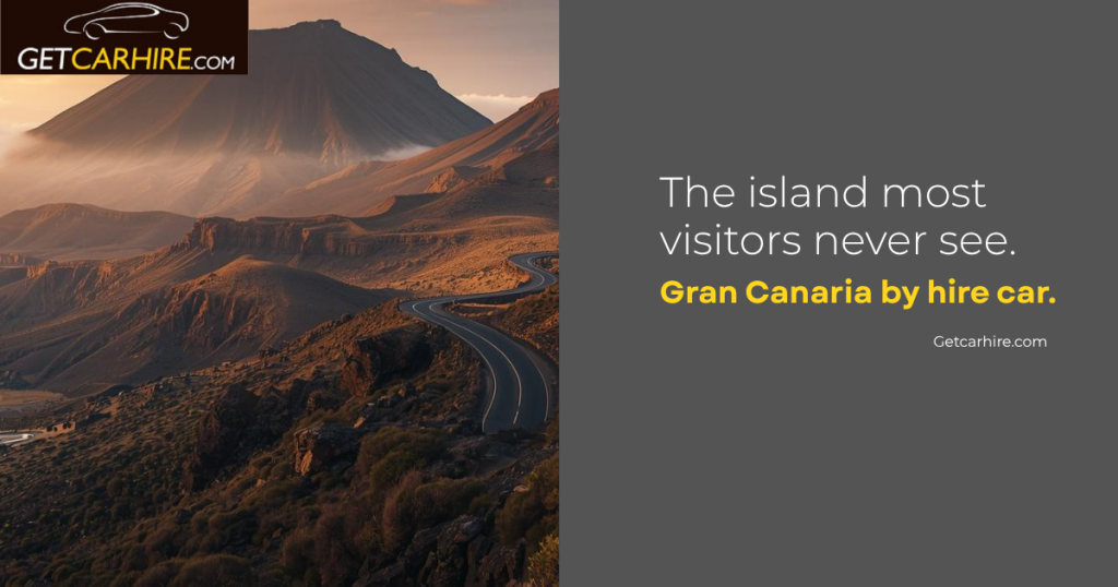 Hire car on mountain road in Gran Canaria with Roque Nublo rock formation visible in the distance