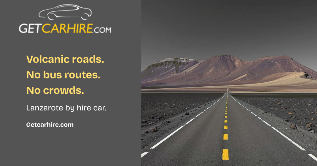 Car hire in Lanzarote parked on volcanic road in Lanzarote with Timanfaya fire mountains in the background