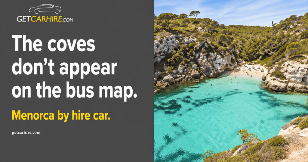 Car hire in Menorca parked above a turquoise cove in Menorca with Mediterranean sea visible below