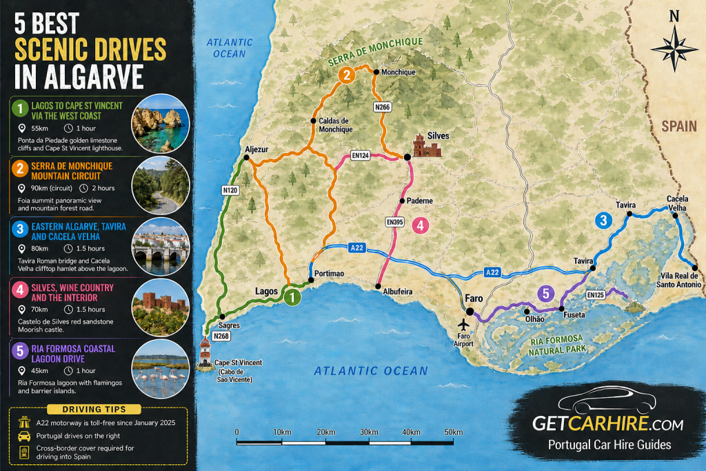 5 best scenic drives in Algarve route map showing all five drives colour-coded across the region