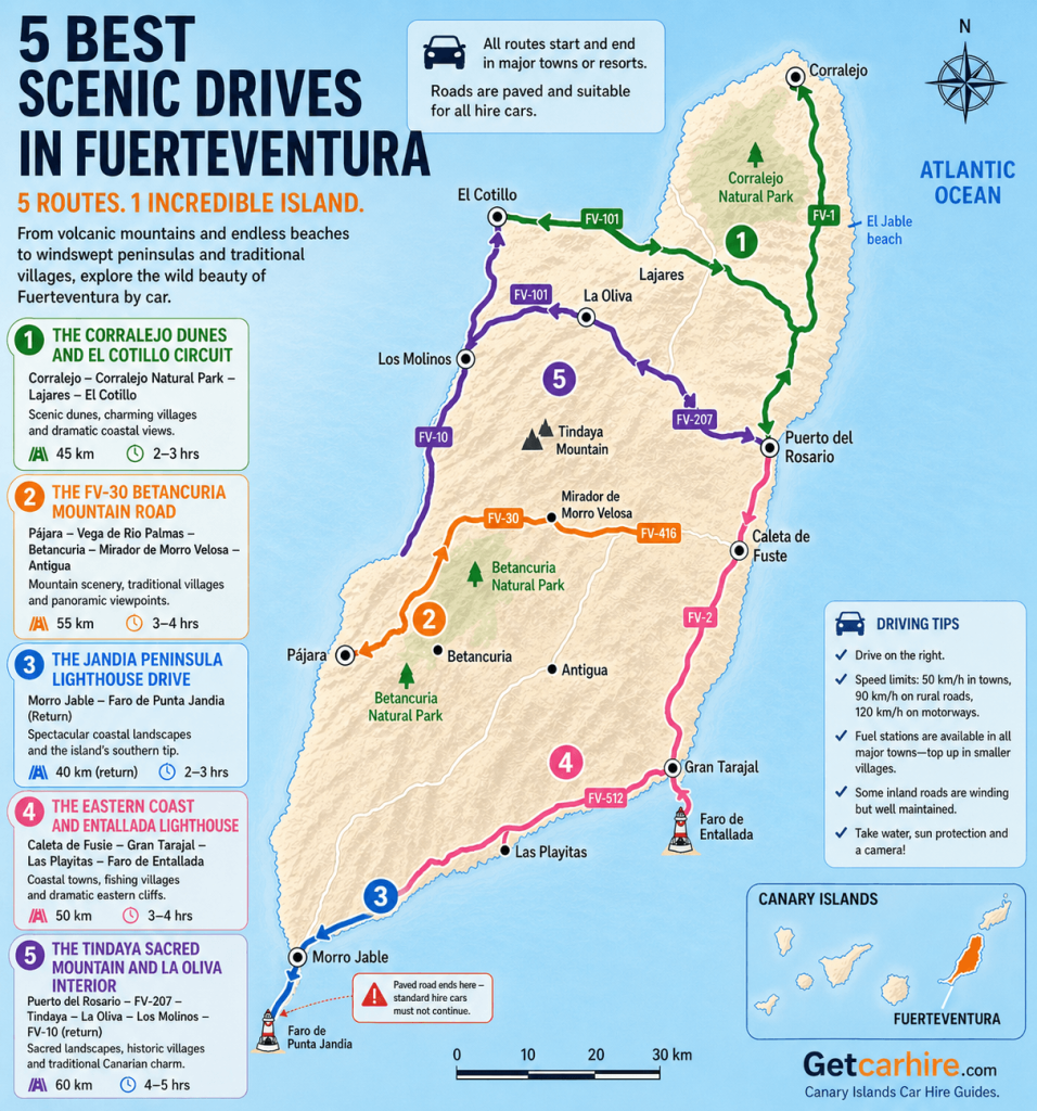 Map of the 5 best scenic drives in Fuerteventura showing the FV-30 mountain road, Corralejo dunes circuit and Jandia peninsula routes.