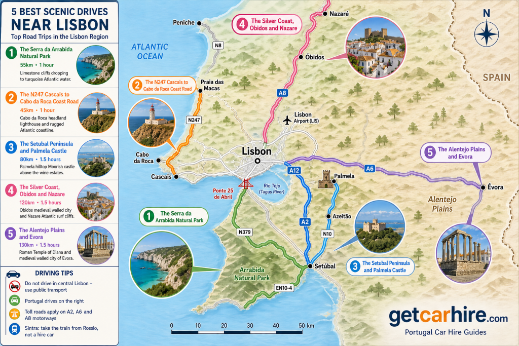 5 best scenic drives near Lisbon route map showing all five drives colour-coded across the Lisbon region.