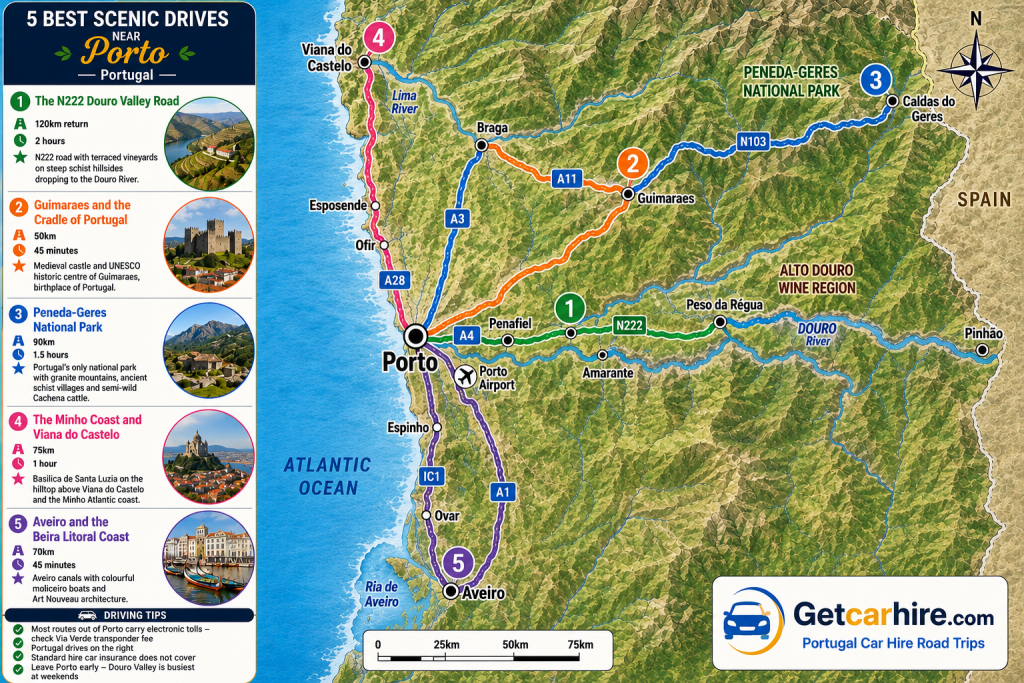 5 best scenic drives near Porto route map showing all five drives colour-coded across northern Portugal