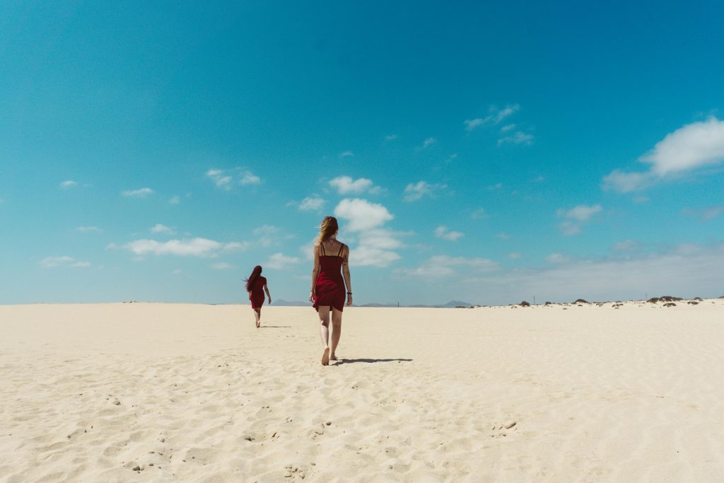 Drive 1 Corralejo dunes FV-1 Fuerteventura - sand dunes rolling to the Atlantic with turquoise sea beyond.