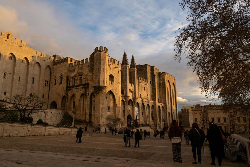 The Palais des Papes and the Pont Saint-Benezet in Avignon seen from the Ile de la Barthelasse across the Rhone river in golden hour light with the medieval city walls visible.