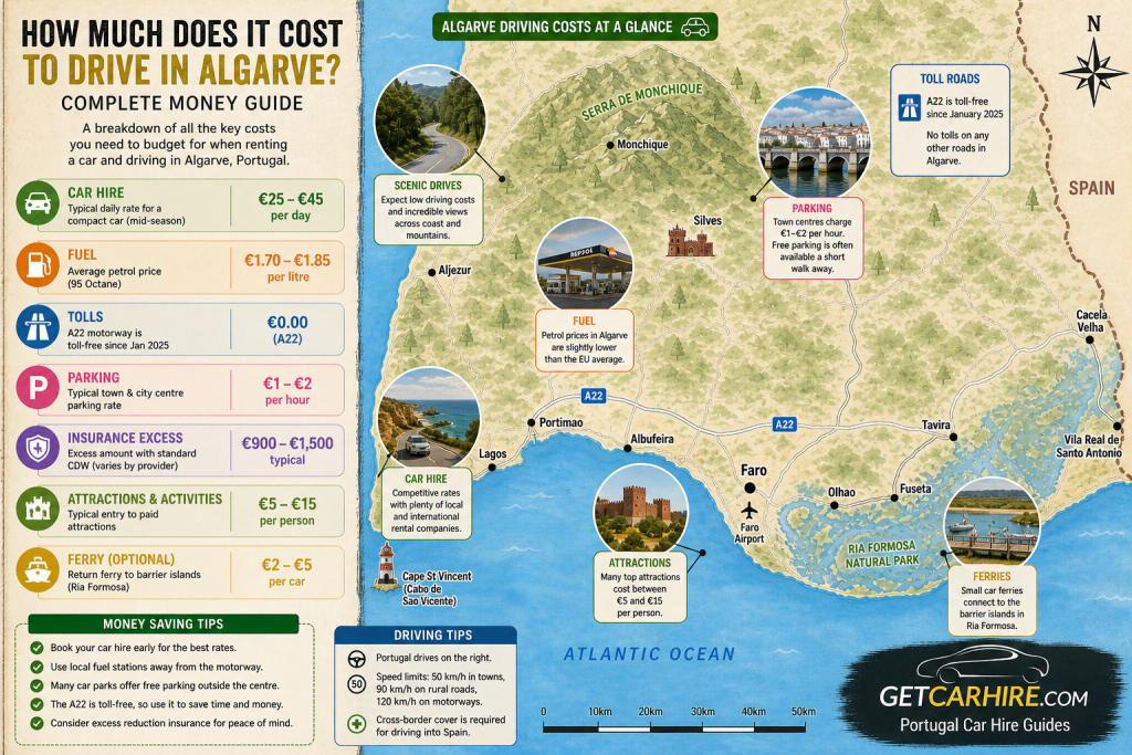 Car hire in Algarve driving costs infographic showing hire rates, fuel prices, toll roads, parking, insurance excess and ferry costs with money saving tips