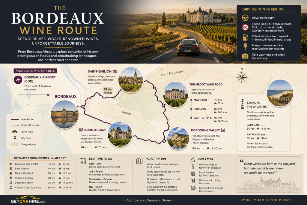 Car hire Bordeaux Airport opens up the vineyard roads of Saint-Emilion, the grand chateaux of the Medoc, the Dordogne Valley and the Atlantic coast through some of southwest France’s most celebrated driving routes.