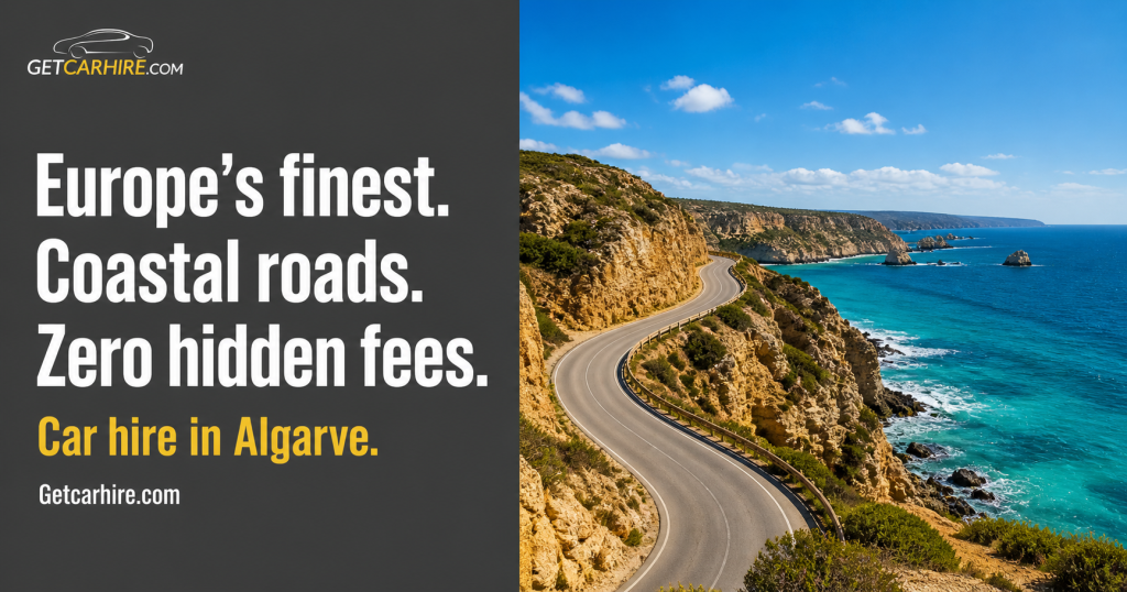 Car hire in Algarve parked above golden limestone cliffs in the Algarve with turquoise Atlantic ocean below.