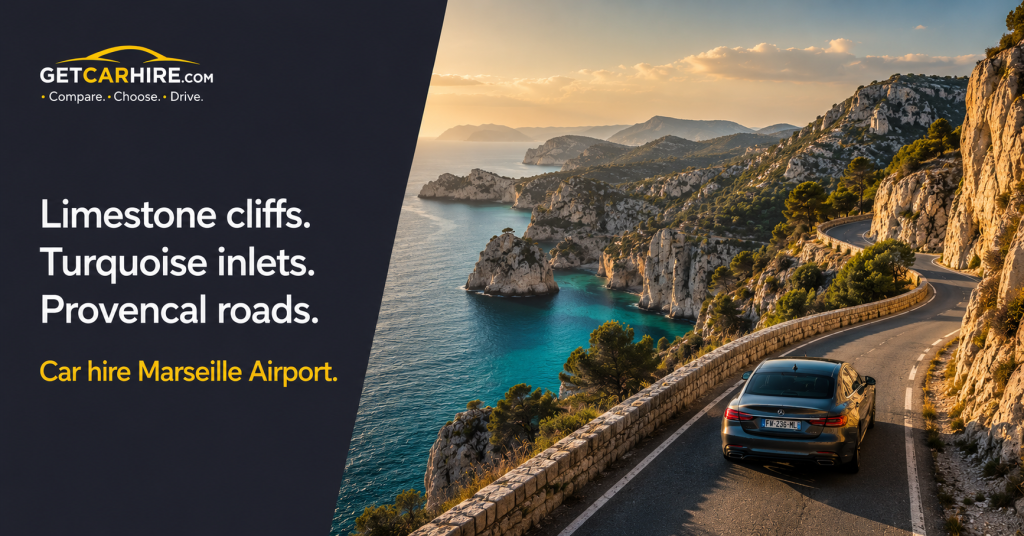 Car hire Marseille Airport on a coastal road above the Calanques with turquoise Mediterranean inlets between limestone cliffs.