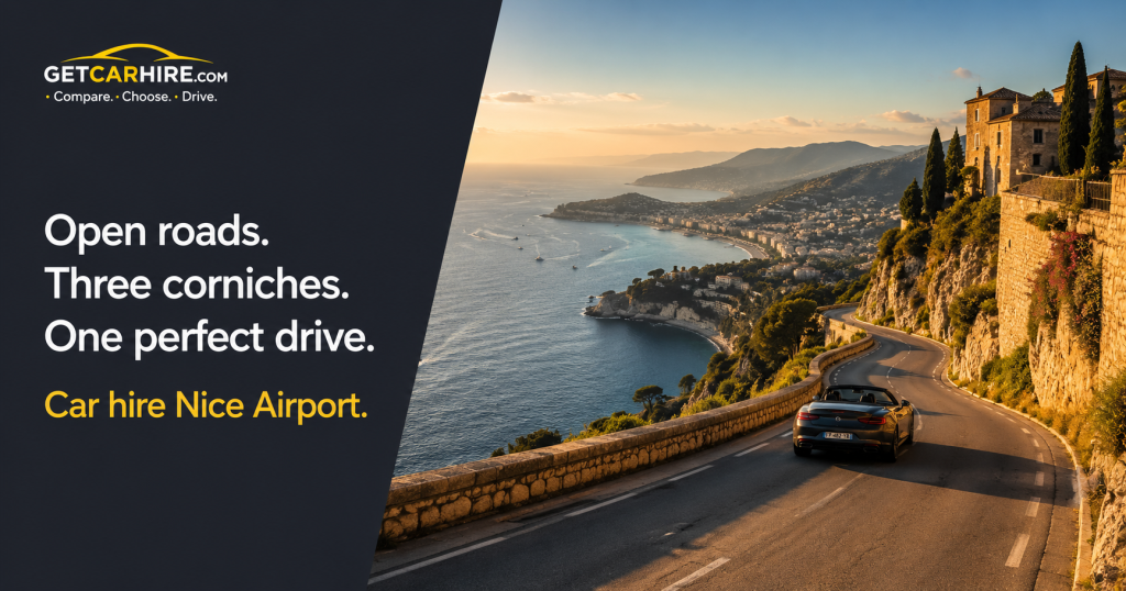 Car hire Nice Airport on the Corniche road above the French Riviera with the Mediterranean coast stretching west toward Cannes