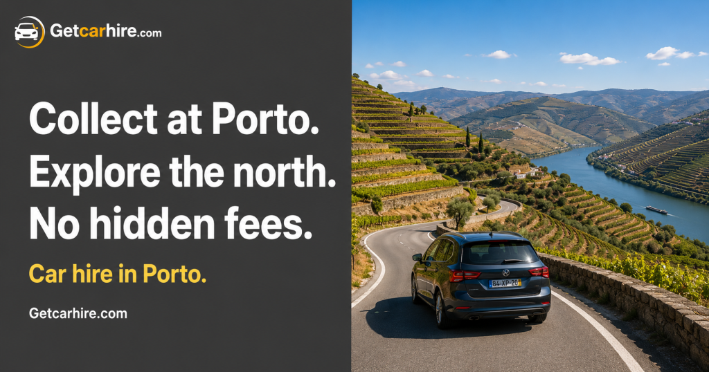 Car hire in Porto on the N222 Douro Valley road with terraced vineyards on schist hillsides dropping to the Douro River.