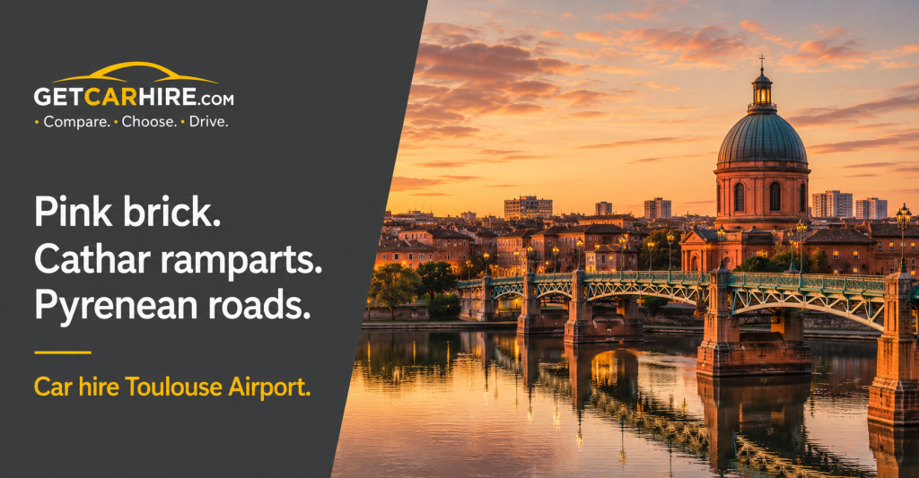 Car hire Toulouse Airport with the medieval walled city of Carcassonne rising above the Aude plain at golden hour, its double ring of ramparts and towers visible against the Corbières hills.