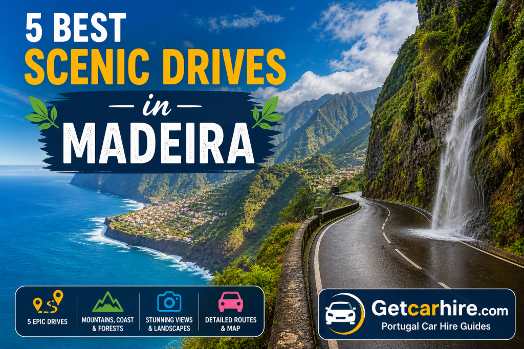Drive 1 ER101 north coast road Madeira with waterfall cascading over the carriageway and Atlantic cliffs below