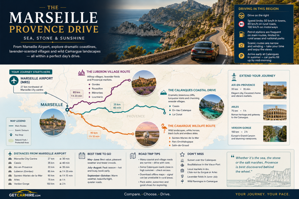 Car hire Marseille Airport opens up the dramatic limestone coast of the Calanques, the hilltop villages of Provence, the lavender roads of the Luberon and the wild landscapes of the Camargue beyond Marseille.