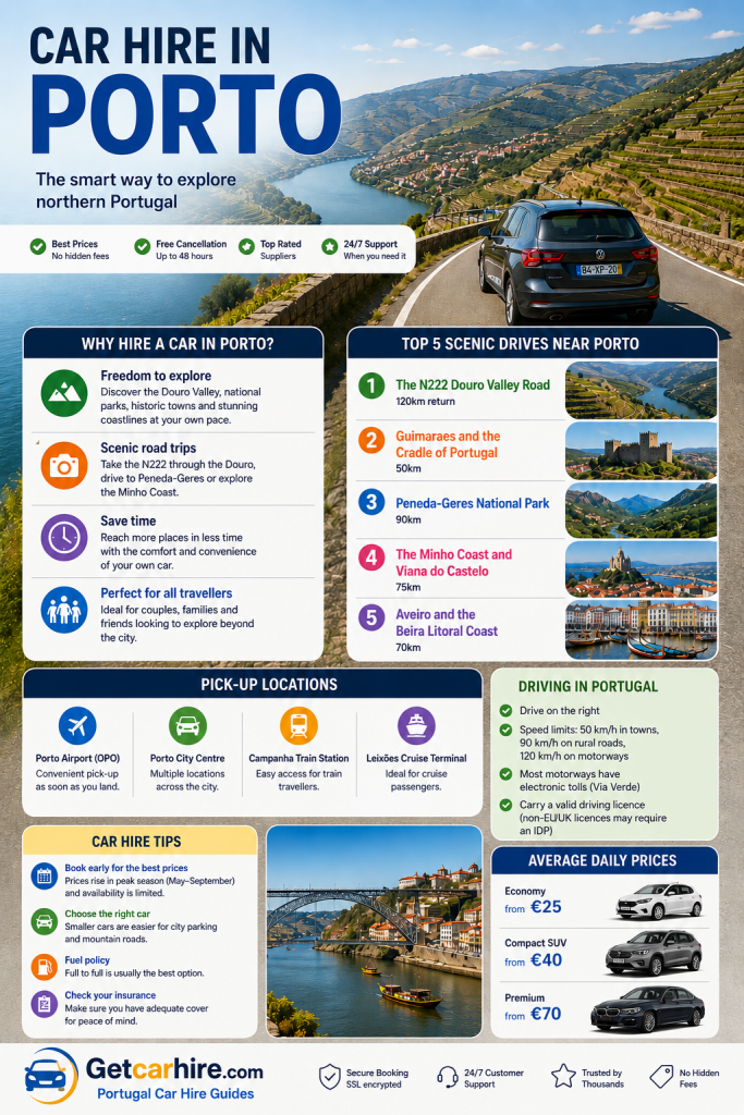 This car hire in Porto guide breaks down rental prices, fuel costs, insurance and driving tips, helping you plan and budget for driving across Northern Portugal.