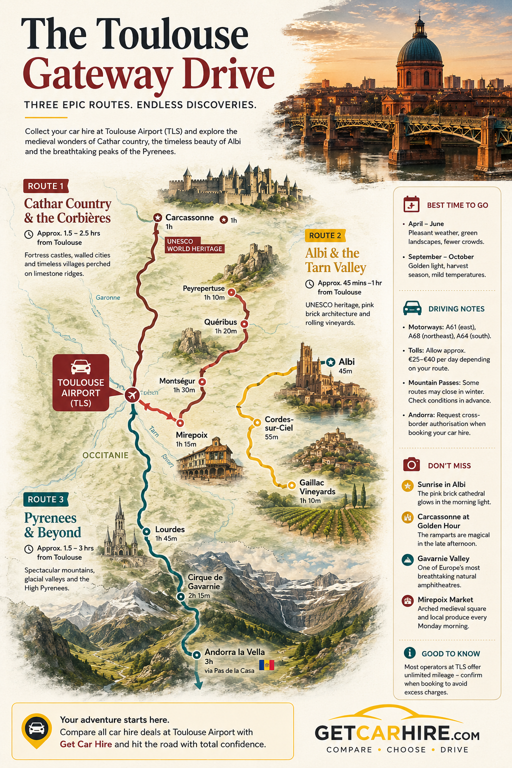 Illustrated Toulouse road trip infographic showing scenic driving routes from Toulouse Airport including Carcassonne, the Cathar castles of the Corbières, Albi, the Tarn Valley, Lourdes, Gavarnie and the Pyrenees.