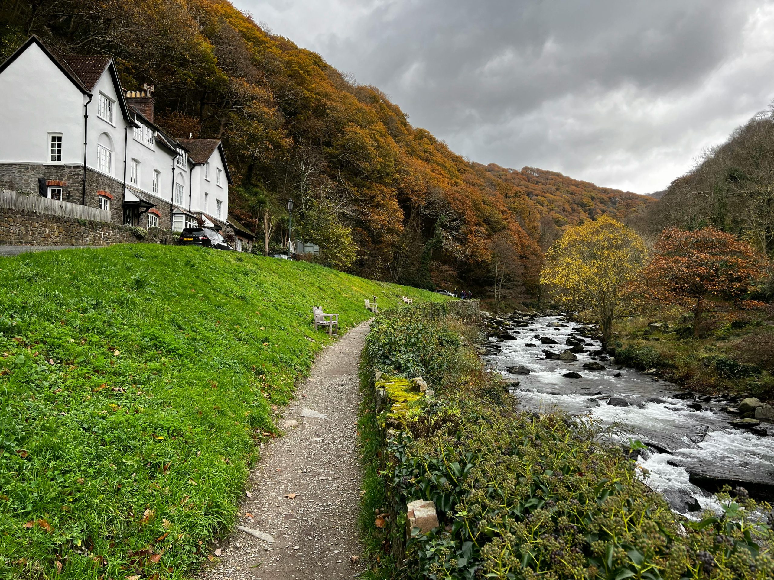 Watersmeet in the Lyn Valley, a wooded river gorge on the Exmoor scenic drives near Lynmouth