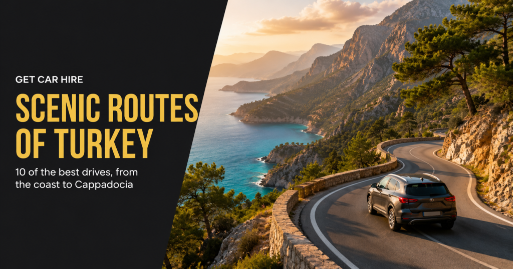 Scenic coastal driving route in Turkey featuring a car travelling along the Mediterranean D400 highway above turquoise bays and mountain scenery, highlighting some of the best scenic drives in Turkey.