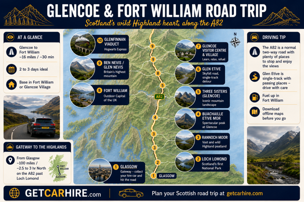 Glencoe and Fort William road trip infographic featuring a stylised map of Scotland's famous A82 route from Glasgow into the Highlands. The map traces the journey north through Loch Lomond, Rannoch Moor, Buachaille Etive Mor, the Three Sisters of Glencoe, Glen Etive, Glencoe Visitor Centre and Village, Fort William, Ben Nevis and Glen Nevis before finishing at the Glenfinnan Viaduct. Numbered stops are paired with scenic photography and practical labels, while side panels provide planning advice including Glencoe to Fort William at approximately 16 miles and around 30 minutes, an ideal trip length of two to three days, suggested bases in Fort William or Glencoe Village, guidance on the A82 and Glen Etive roads, fuelling up in Fort William, downloading offline maps and reaching the Highlands from Glasgow via Loch Lomond.