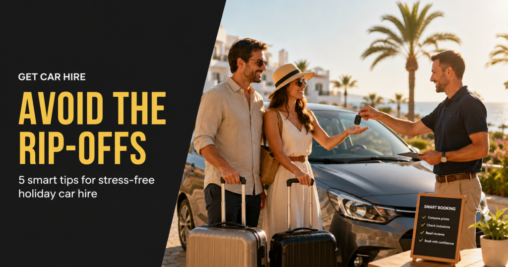 Avoid holiday car hire rip-offs, a couple collecting their hire car on a sunny Mediterranean holiday