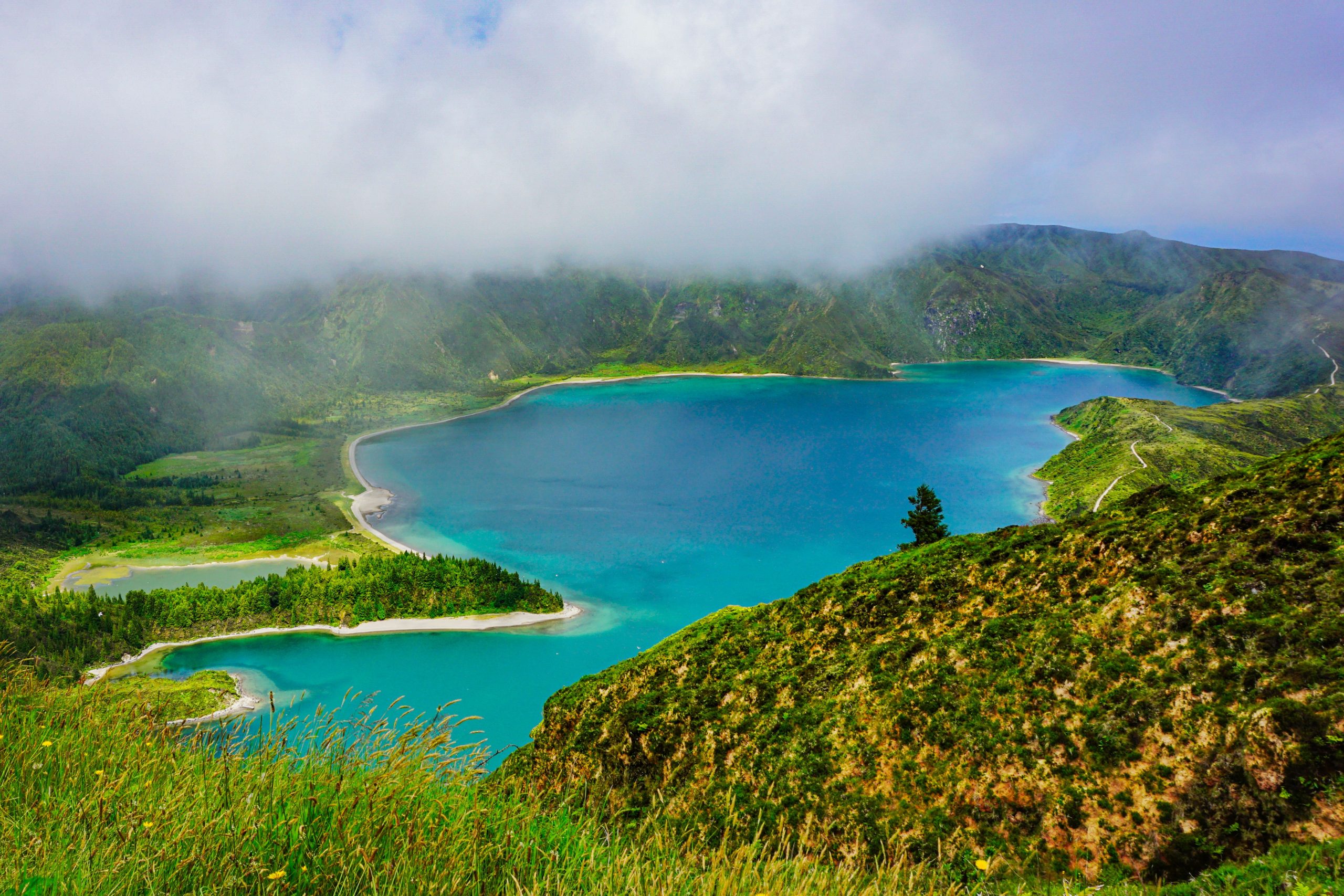 Lagoa do Fogo crater lake from the viewpoint, Sao Miguel