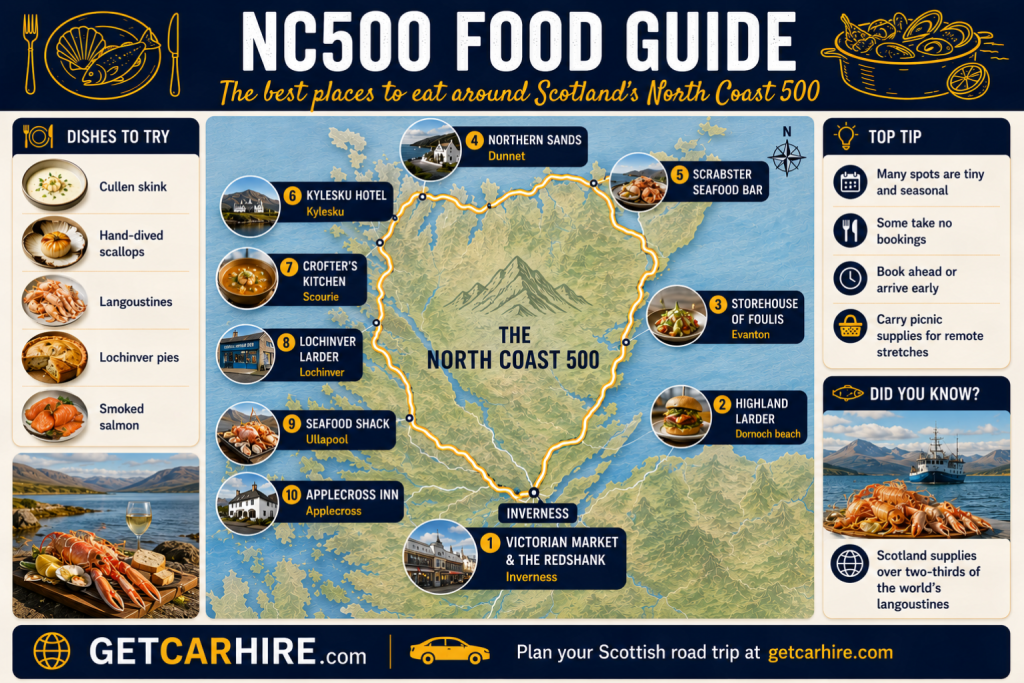 NC500 Food Guide infographic featuring a stylised map of Scotland's North Coast 500 loop highlighting ten of the best places to eat around the route. Starting and finishing in Inverness, the clockwise food journey includes Victorian Market and The Redshank in Inverness, Highland Larder at Dornoch beach, Storehouse of Foulis in Evanton, Northern Sands in Dunnet, Scrabster Seafood Bar, Kylesku Hotel, Crofter's Kitchen in Scourie, Lochinver Larder, Seafood Shack in Ullapool and Applecross Inn. Side panels showcase signature Scottish dishes including Cullen skink, hand-dived scallops, langoustines, Lochinver pies and smoked salmon, alongside practical advice about seasonal opening times, booking ahead and carrying picnic supplies for remote stretches. A final fact panel notes that Scotland supplies over two-thirds of the world's langoustines.
