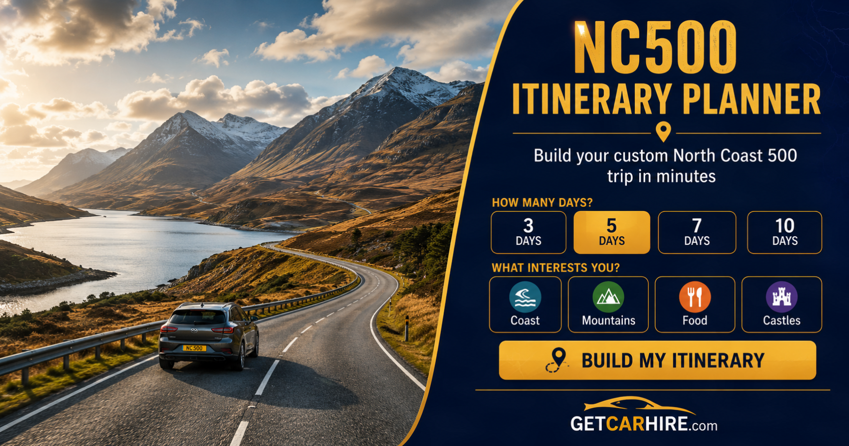 NC500 Itinerary Planner, build your custom North Coast 500 road trip in minutes with getcarhire.com