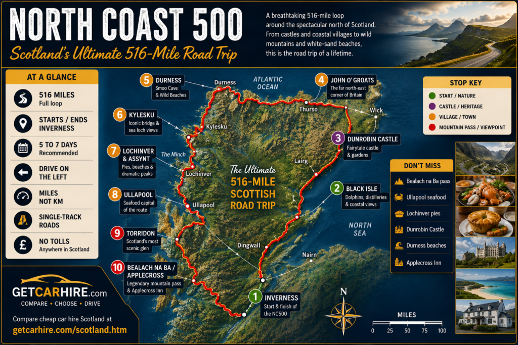 North Coast 500 route map infographic showing Scotland's iconic 516-mile circular road trip from Inverness around the far north Highlands. The satellite-style map traces the NC500 loop clockwise through Black Isle, Dunrobin Castle, John o' Groats, Durness, Kylesku, Lochinver and Assynt, Ullapool, Torridon and Bealach na Ba before returning to Inverness. The infographic includes colour-coded stop markers, a route overview panel highlighting 516 miles, 5 to 7 days, single-track roads, no tolls and left-hand driving, plus a Don't Miss guide featuring Bealach na Ba, Ullapool seafood, Lochinver pies, Dunrobin Castle, Durness beaches and the Applecross Inn.