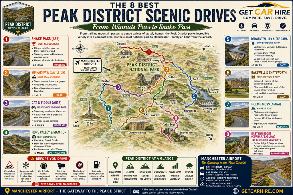 Peak District scenic drives infographic map showing the 8 best driving routes across the Peak District National Park, including Snake Pass, Winnats Pass, Cat and Fiddle, Mam Tor, Ladybower Reservoir, Derwent Dam, Chatsworth House, Holme Moss and Curbar Edge, with route difficulty ratings, driving advice and Manchester <a href=