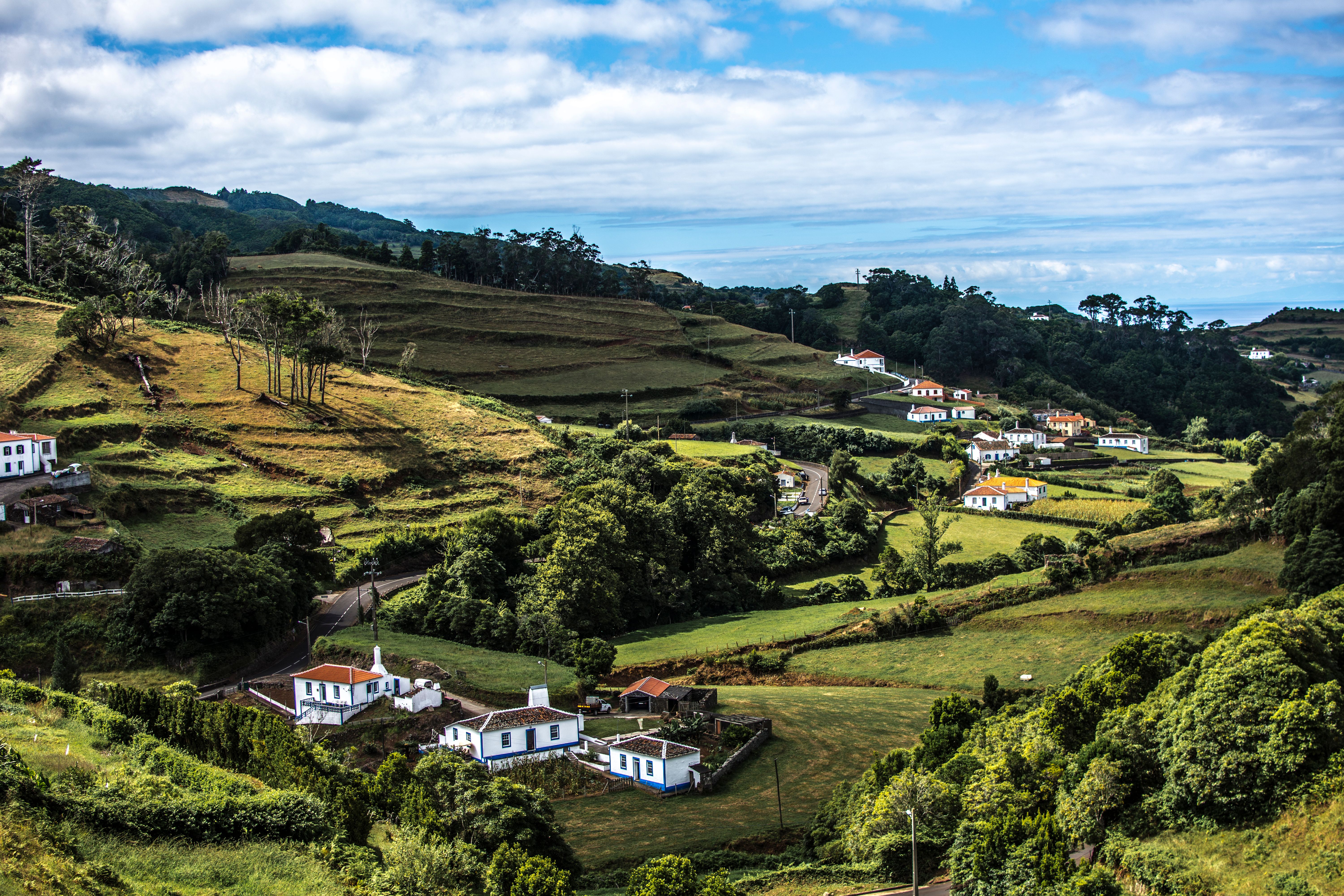 Sete Cidades village on the lakeshore with Sao Nicolau church, Sao Miguel