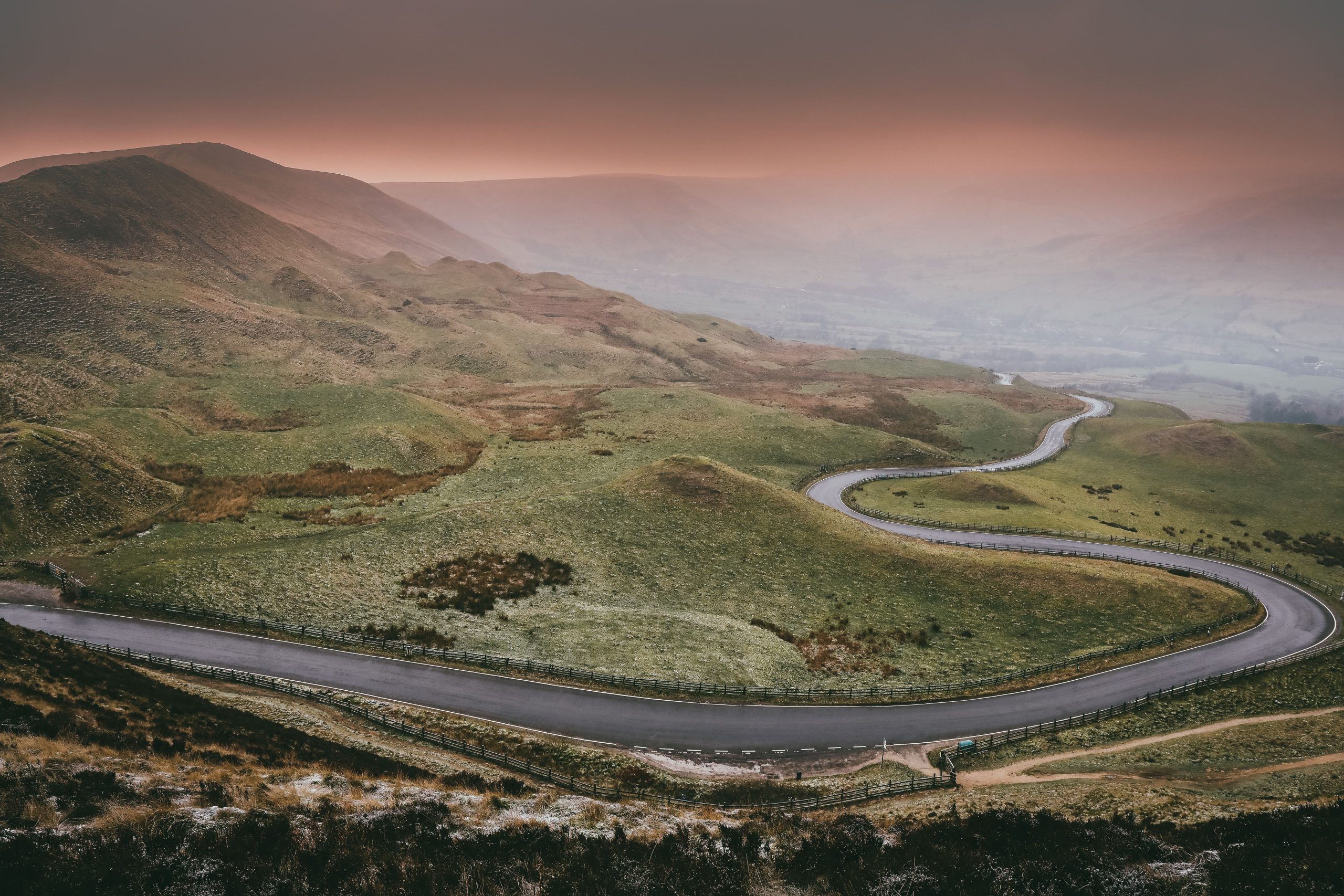 Snake Pass, the most famous scenic drive in the Peak District, a high winding road across the Dark Peak moorland