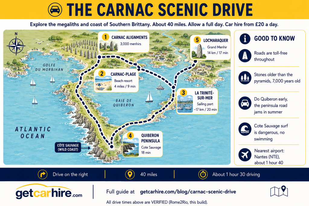Illustrated route map infographic titled "The Carnac Scenic Drive" showing a scenic driving route around Carnac and the Quiberon coast in southern Brittany. The map highlights the Carnac Alignments, Carnac-Plage, La Trinité-sur-Mer, the Quiberon Peninsula and Locmariaquer, with verified driving distances and times, practical travel advice, the famous megalithic stone alignments, and a 40-mile full day self-drive route through one of Brittany's most historic coastal regions.