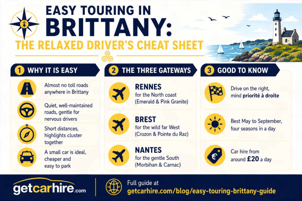 Infographic titled "Easy Touring in Brittany: The Relaxed Driver's Cheat Sheet" summarising why Brittany is one of France's easiest regions to explore by car. Covers the benefits of toll-free roads, quiet driving conditions, short distances and choosing a small hire car, identifies Rennes, Brest and Nantes as the three main gateways, and includes practical driving advice, the priorité à droite rule, the best time to visit and car hire from around £20 a day.