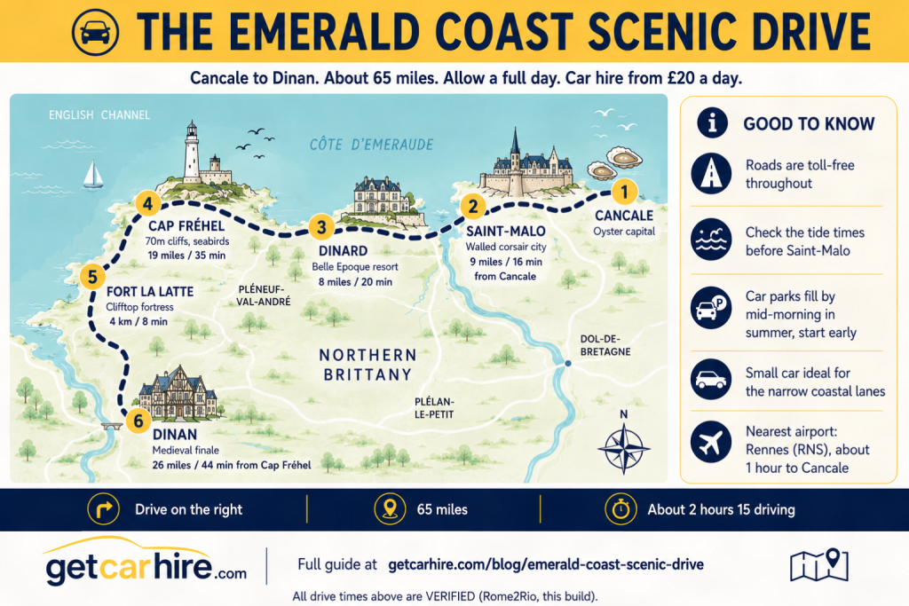 Illustrated route map infographic titled "The Emerald Coast Scenic Drive" showing a scenic driving route through northern Brittany from Cancale to Dinan via Saint-Malo, Dinard, Cap Fréhel and Fort La Latte. Includes verified driving distances and times, practical travel tips, toll-free road information, the nearest airport at Rennes (RNS), and highlights a full day coastal road trip of around 65 miles.