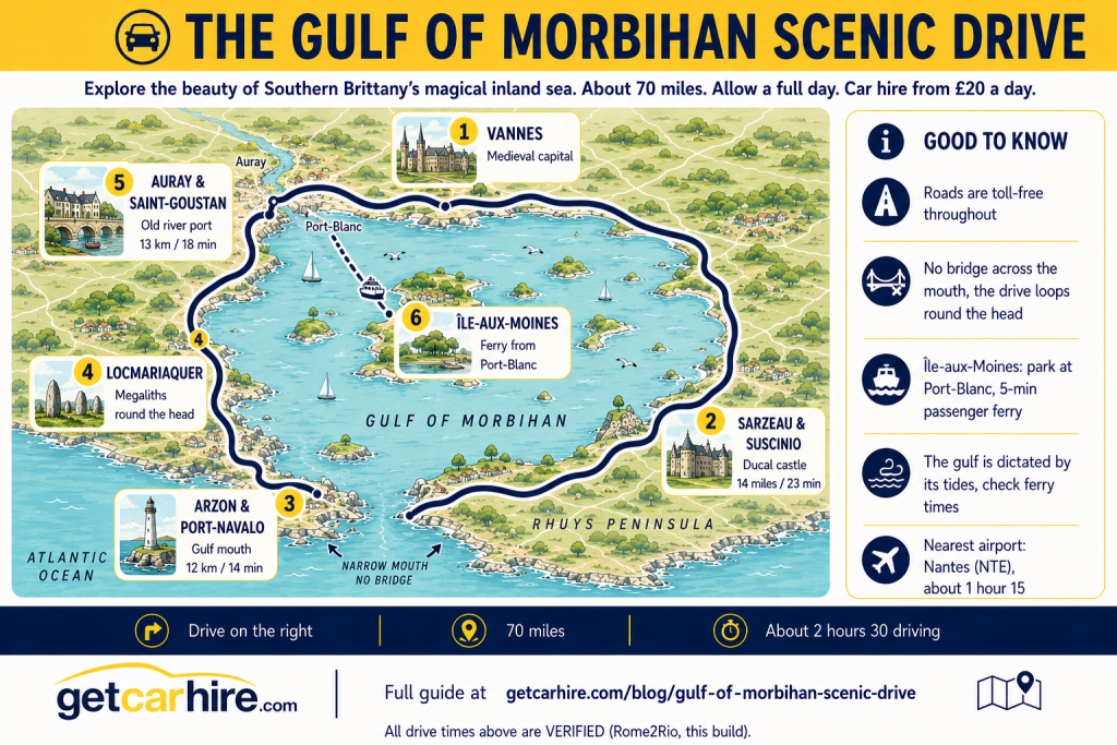 Illustrated route map infographic titled "The Gulf of Morbihan Scenic Drive" showing a circular driving route around the Gulf of Morbihan in southern Brittany. The map highlights Vannes, Sarzeau and Suscinio, Arzon and Port-Navalo, Locmariaquer, Auray and Saint-Goustan, plus a passenger ferry to Île-aux-Moines. Includes verified driving distances and times, practical travel advice, tide and ferry information, and a scenic 70-mile full day road trip around one of France's most beautiful inland seas.