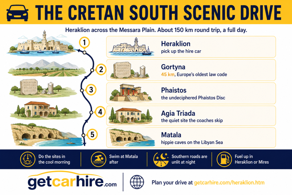 Infographic titled "The Cretan South Scenic Drive" illustrating a full-day road trip from Heraklion through the heart of southern Crete. A vertical route links Heraklion, Gortyna, Phaistos, Agia Triada and Matala, highlighting Minoan archaeology, ancient history and the dramatic coastline of the Libyan Sea. The infographic includes practical driving advice on visiting archaeological sites in the cool morning, swimming at Matala afterwards, avoiding unlit southern roads after dark and fuelling up before leaving Heraklion or Mires.