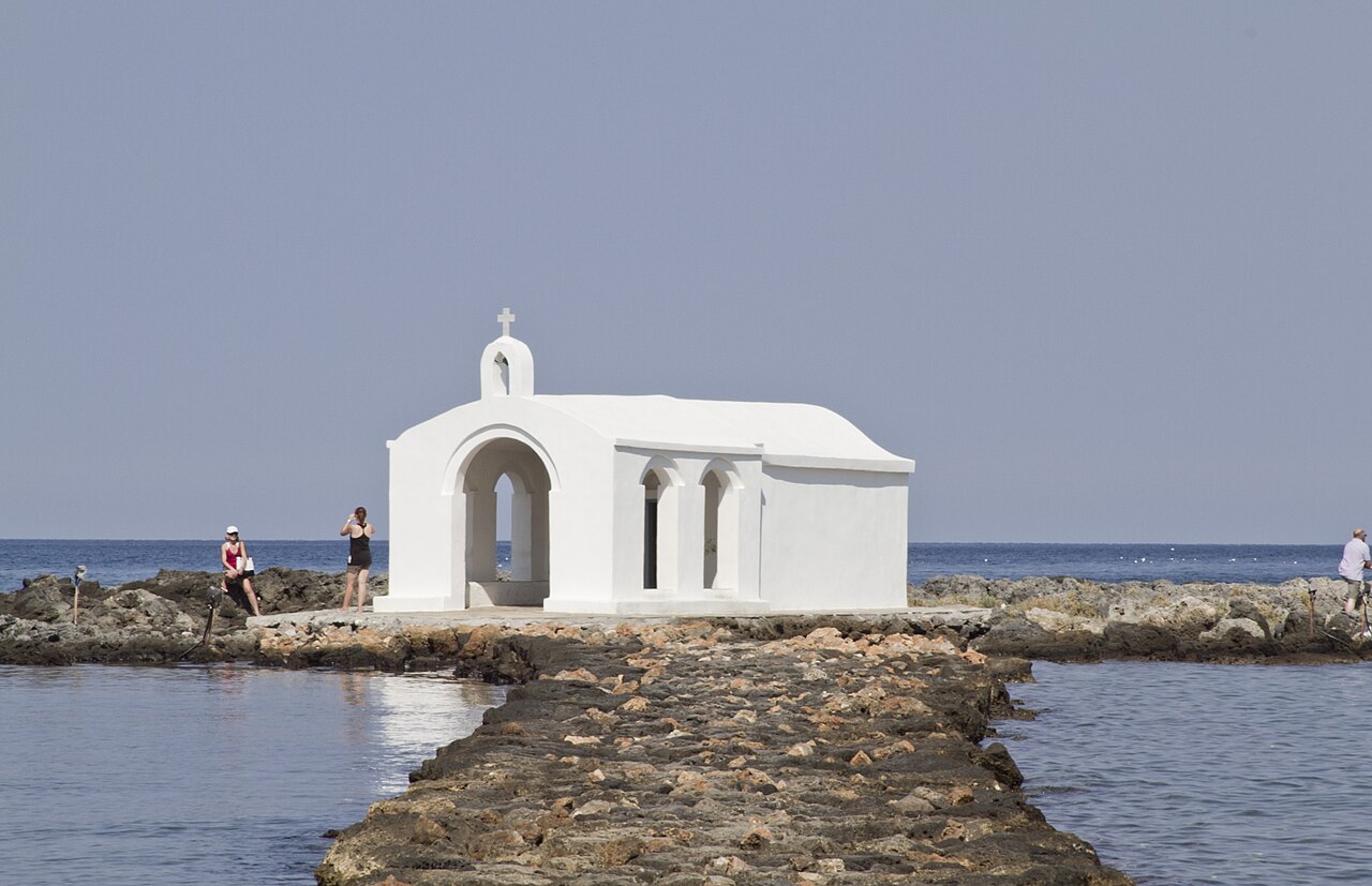 The chapel of Agios Nikolaos on its causeway at Georgioupoli, a highlight of the Rethymno scenic drive